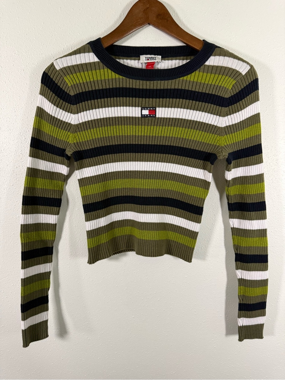Tommy Jeans Striped Ribbed Crop Sweater Green Navy 100% Cotton S